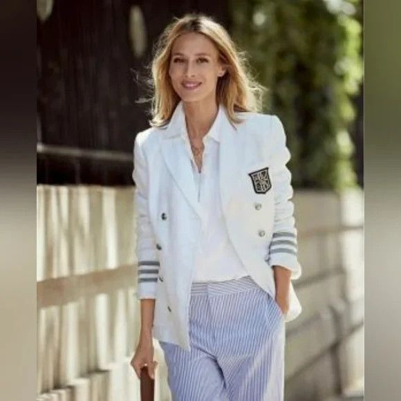 Ralph Lauren LRL White Linen Crest Military Blazer Jacket 14 Preppy Nautical
